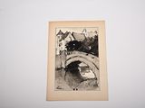 a black and white photo of a boat under a bridge