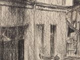 a black and white drawing of a street with a bench