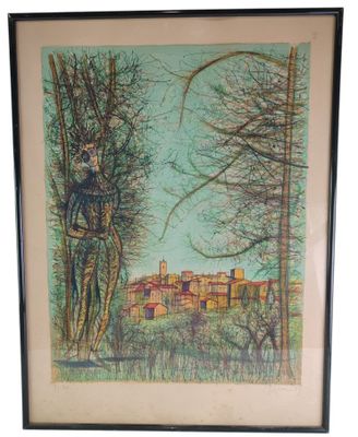 a painting of a landscape with trees and a building in the background