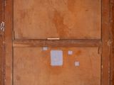 painting of an old wooden cabinet with a door and a window