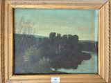 l'image d'une peinture représentant une rivière avec des arbres en arrière-plan