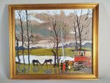 un tableau représentant une calèche tirée par des chevaux dans un champ
