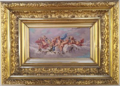 F. FABRE "Les angelots sur un nuage" Huile sur panneau Signé… - Photo 1