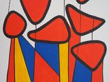 a painting of red and blue vases on a white wall