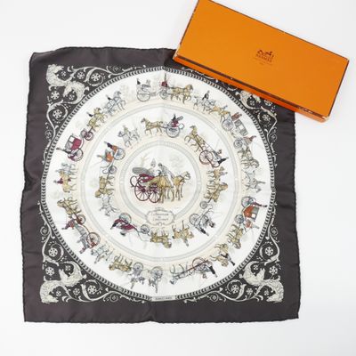 an image of a square scarf with a horse and carriage design on it