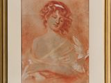 un tableau représentant une femme en robe blanche avec un bandeau rouge