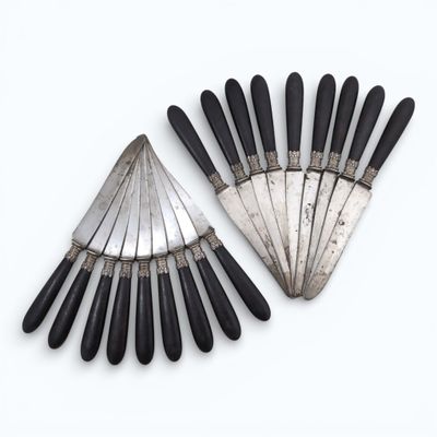 Suite de dix-huit COUTEAUX DE TABLE, lame acier, manche en b…