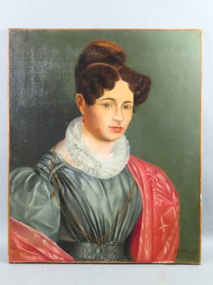tableau représentant une femme en robe bleue avec un châle rouge