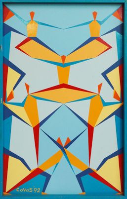 peinture abstraite représentant un groupe de personnes dans un cadre bleu