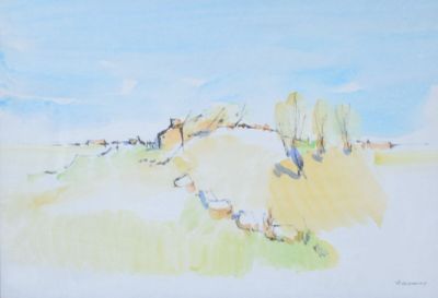 une aquarelle représentant un champ avec une colline en arrière-plan
