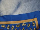 a close up of a blue shirt with a blue and gold tie