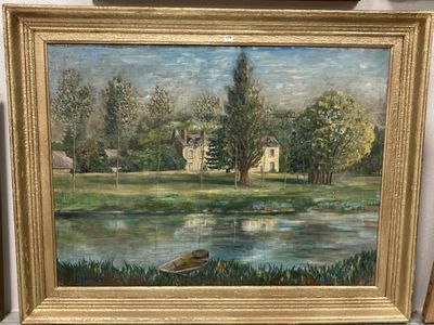 une image d'une peinture d'une maison au bord de l'eau