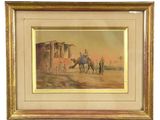 tableau représentant un homme à cheval devant un bâtiment