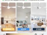 three pictures of a living room with a ceiling fan and a couch