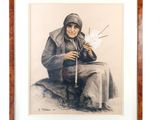 painting of an old woman sitting on a stool with a cane