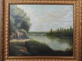 an oil painting of a river scene with a bridge in the distance
