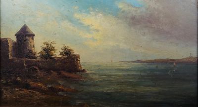 une peinture à l'huile représentant un château situé sur une falaise surplombant un plan d'eau