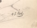 drawing of a man sitting on a bench with a dog on it ' s lap