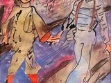 un tableau représentant un homme et une femme se tenant la main