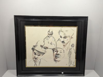 dessin encadré représentant un groupe d'hommes coiffés de chapeaux et fumant des cigares