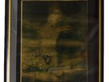 tableau représentant un homme avec un chien dans un paysage, dans un cadre noir