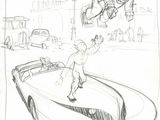 dessin représentant un homme faisant du skateboard sur le toit d'une voiture