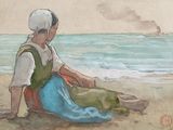 a painting of a woman sitting on the beach by the water