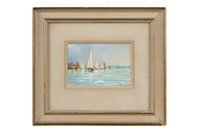 une peinture représentant des voiliers sur l'eau, avec le ciel en arrière-plan