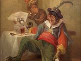 an image of a painting of a man sitting at a table reading a newspaper