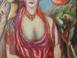 une peinture à l'huile représentant une femme avec un oiseau sur l'épaule
