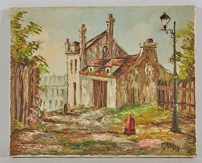 un tableau représentant une maison devant laquelle se trouve une borne d'incendie rouge