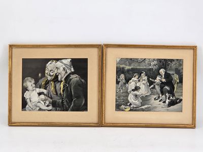 two framed pictures of a couple of people sitting on a bench