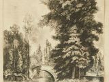 drawing of a bridge over a river in a wooded area