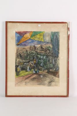 dessin représentant un tableau où l'on voit un homme tenant un parapluie devant un immeuble