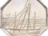 a silver coin with a picture of a boat on it