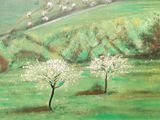 un tableau représentant deux arbres dans un champ d'herbe