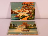 two paintings of boats on the water and a tree on the shore