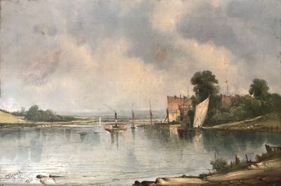 a painting of a river scene with boats on the water