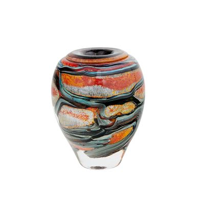 a glass vase with a multicolored design on it