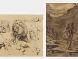 deux dessins représentant un tigre et d'autres animaux dans un paysage