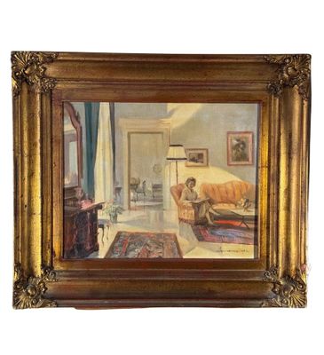 une image représentant un tableau d'un salon avec un canapé et un fauteuil