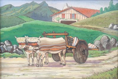 un tableau représentant deux bœufs tirant une charrette sur un chemin de terre