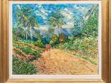 une peinture à l'huile représentant un chemin de terre avec des arbres et une montagne en arrière-plan