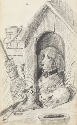 dessin représentant un chien dans une niche, en compagnie d'un chat et d'un oiseau