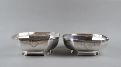 pair of silverplated bowls on pedestals on grey background
