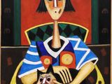 painting of a woman with a dog in her arms