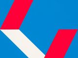 a close up of a red and white arrow on a blue background