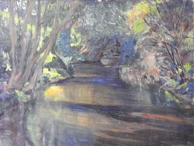 a painting of a river running through a forest
