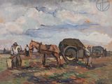 painting of a group of men with horses and a tractor in a field