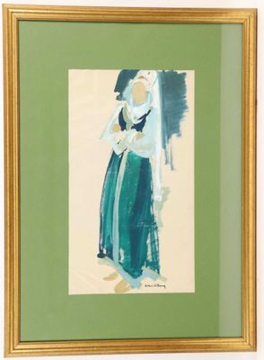 tableau représentant une femme en robe verte tenant un chat dans ses bras